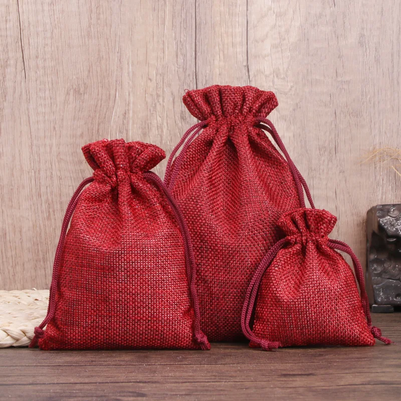 50pcs/lot Linen and Jute Drawstring Bag 7x9/10x14/13x18cm Jewelry Packaging Wedding Candy Christmas Party Gift Storage Bag