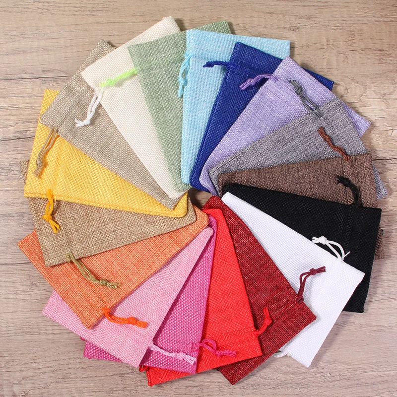 50pcs/lot Linen and Jute Drawstring Bag 7x9/10x14/13x18cm Jewelry Packaging Wedding Candy Christmas Party Gift Storage Bag