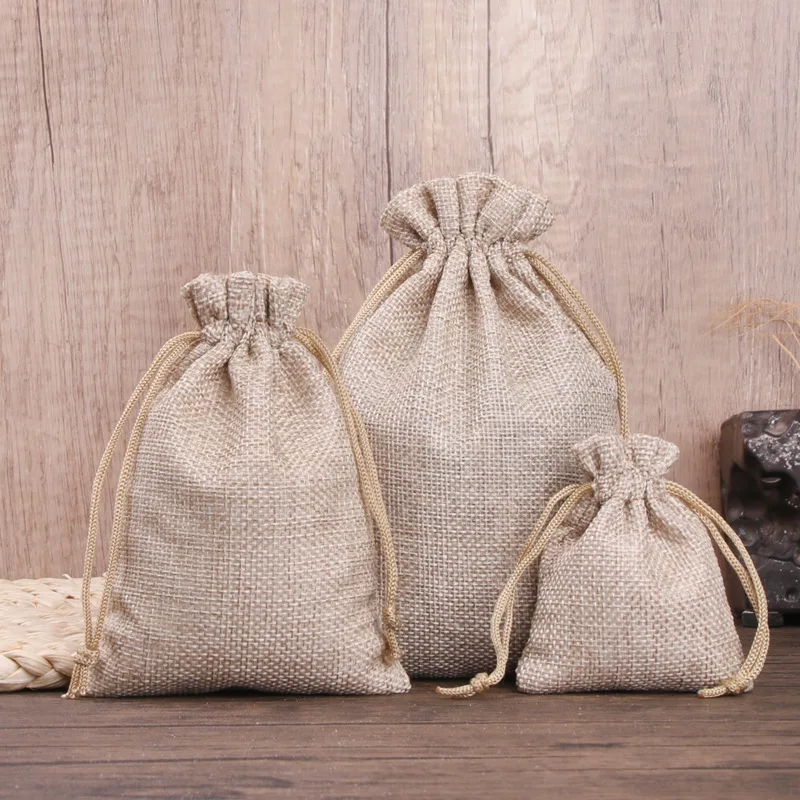 50pcs/lot Linen and Jute Drawstring Bag 7x9/10x14/13x18cm Jewelry Packaging Wedding Candy Christmas Party Gift Storage Bag