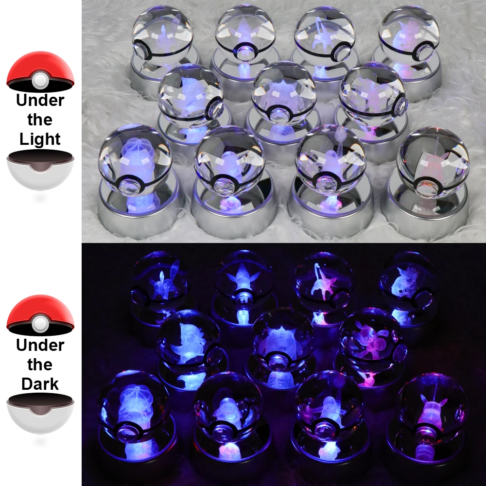 Pokemon 3D Crystal Ball Pikachu Figure Pokeball Engraving Crystal Charizard Model with Led Light Base Toys Anime Christmas Gift