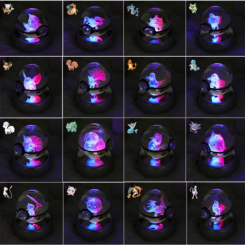 Pokemon 3D Crystal Ball Pikachu Figure Pokeball Engraving Crystal Charizard Model with Led Light Base Toys Anime Christmas Gift