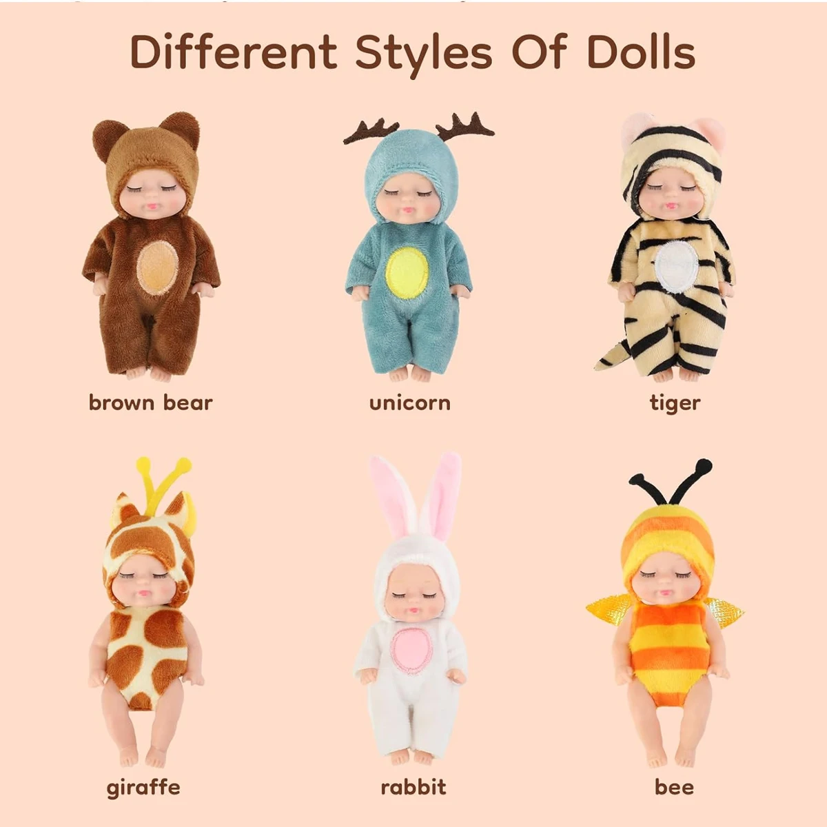 1/6 Pcs 4 Inch Mini Reborn Baby Dolls Toy Set Realistic Baby Doll with Cute Animal Clothes Gifts for Birthday Christmas Exquisit
