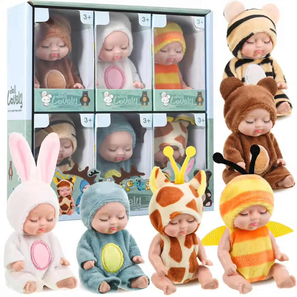 1/6 Pcs 4 Inch Mini Reborn Baby Dolls Toy Set Realistic Baby Doll with Cute Animal Clothes Gifts for Birthday Christmas Exquisit