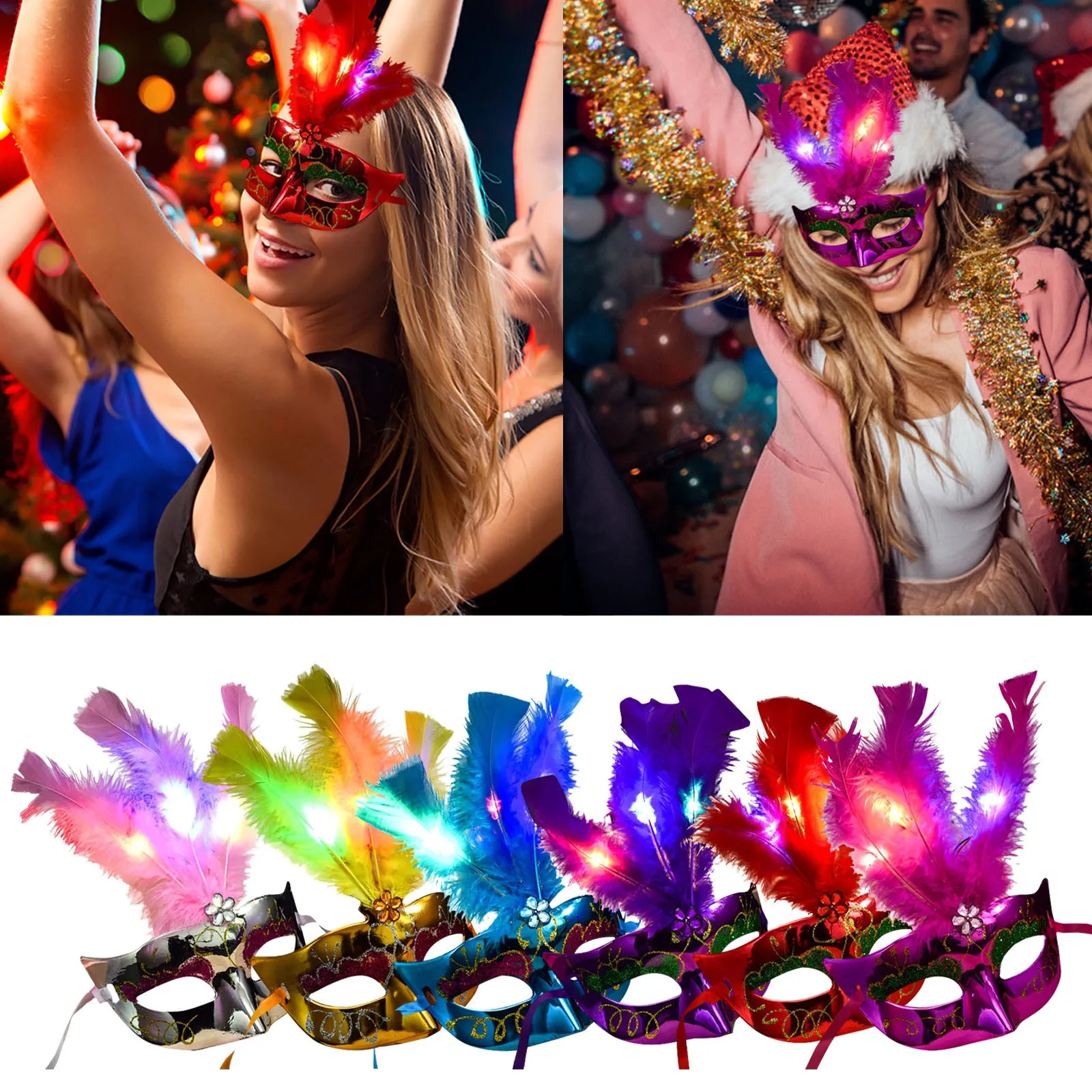 Feather LED Glowing Masks Venice Carnival Halloween Christmas Light Up Masks Masquerade Birthday Wedding Party Cosplay Costume