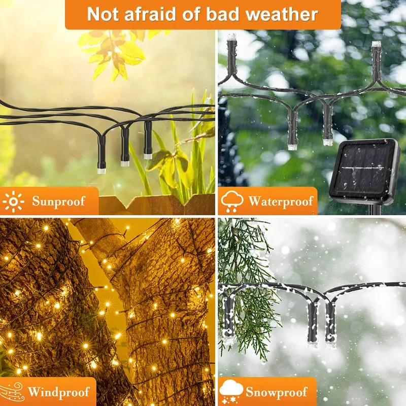 LED Plastic Leath Solar Powered Outdoor Fairy Lights IP65 Waterproof 8 Lighting Modes for Christmas Wedding Decoration