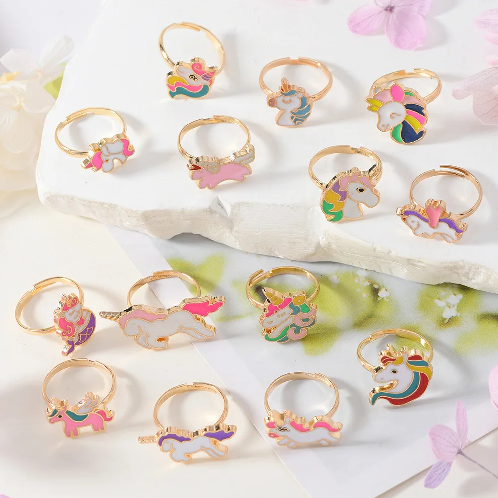 14Pcs Adjustable Rings for Girls Women Cute Cartoon Unicorn Alloy Ring Fashion Beauty Jewelry Christmas New Year Gift for Girl