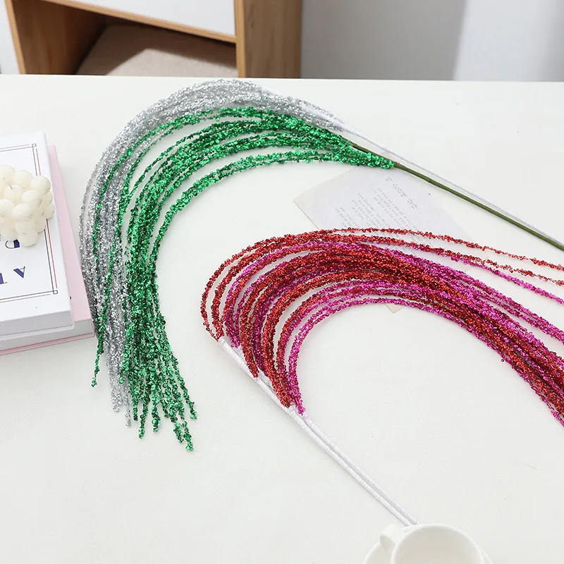 Sequin Glitter Christmas Party Branch Sticks Decoration White Artificial Plant Tassel Wheat Ears for Xmas Tree Ornament Supplies