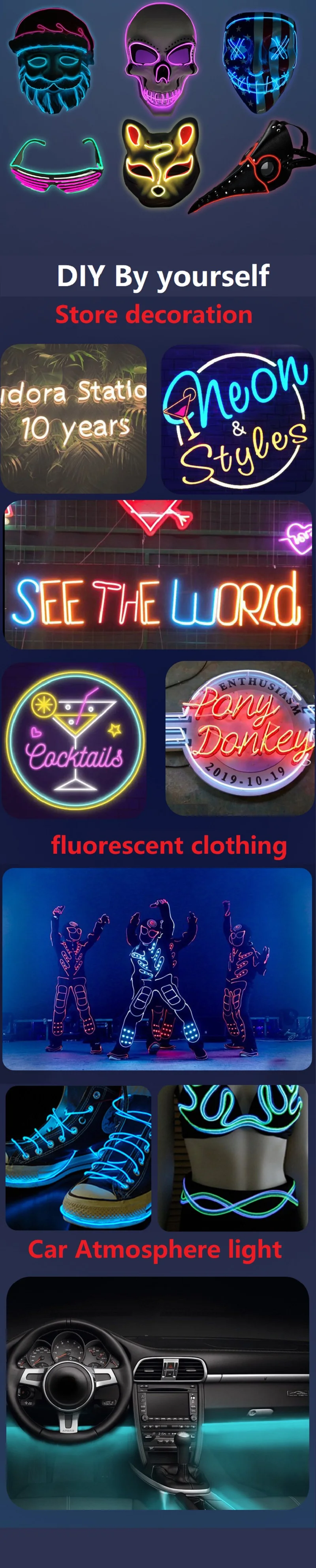 5 in 1 Glow Wire Cable LED Neon Christmas Dance Party DIY Costumes Luminous Clothes Light Decoration Kids Joke Toys 1m Each Cabl