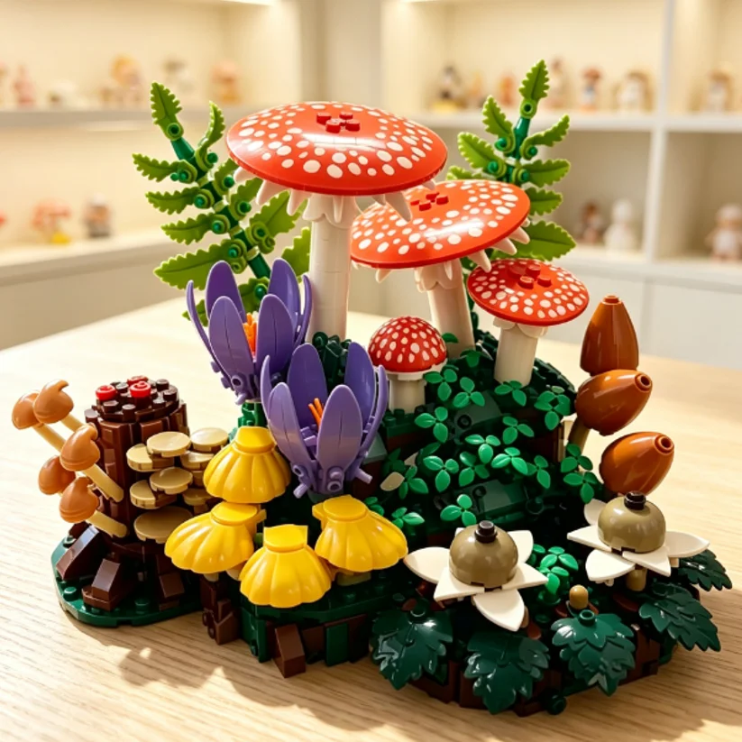 2026  806pcs Botanical Collection Woodland Mushrooms Building Block Puzzle Model Toy For Ornament Birthday Christmas Gifts