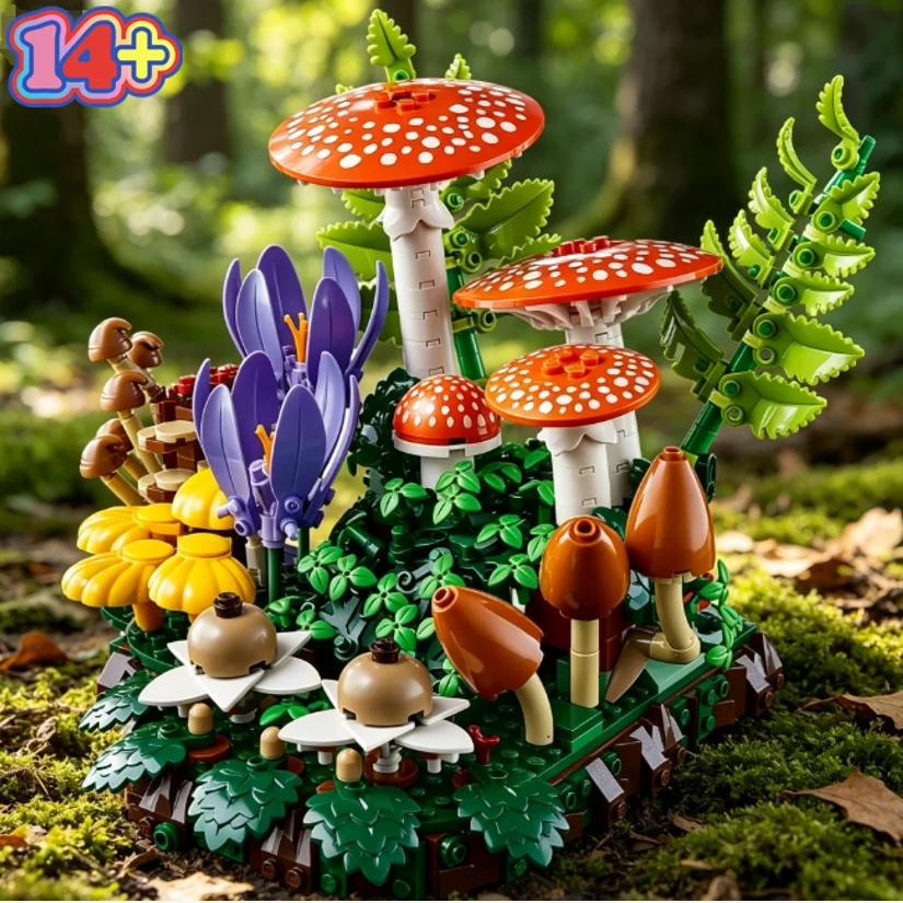 2026  806pcs Botanical Collection Woodland Mushrooms Building Block Puzzle Model Toy For Ornament Birthday Christmas Gifts