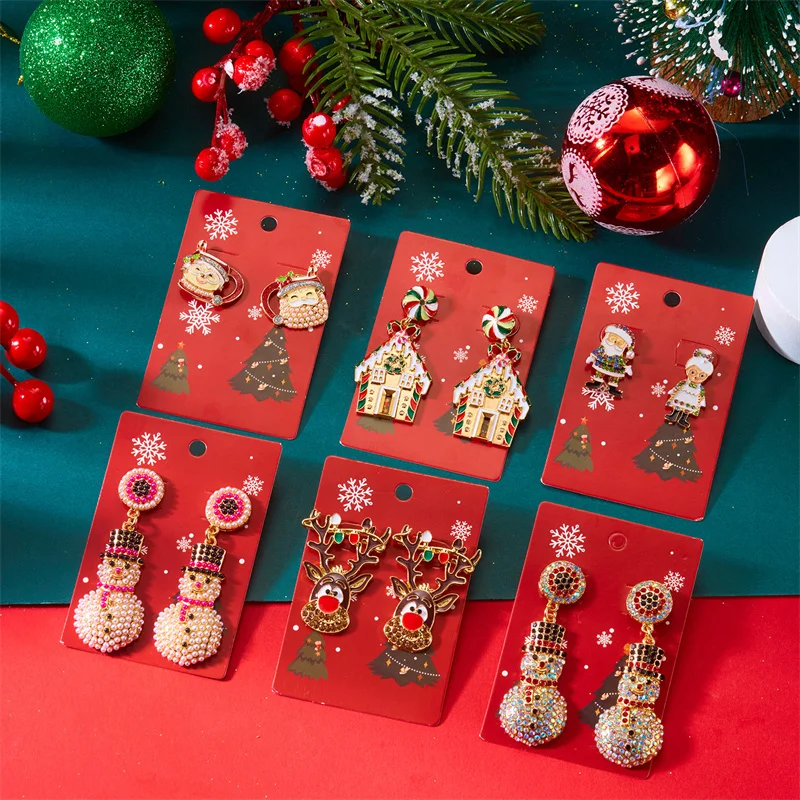 Creative Christmas Grandpa and Grandma Zircon Stud Earrings For Women White Pearl Crystal Snowman Elk Earring New Year Jewelry