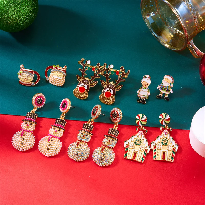 Creative Christmas Grandpa and Grandma Zircon Stud Earrings For Women White Pearl Crystal Snowman Elk Earring New Year Jewelry