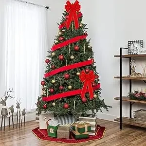 Red Christmas Bows Outdoor Decorations Large Christmas Tree Top Bow Velvet Wreath with Glitter Gold Edge Front Door Decoration