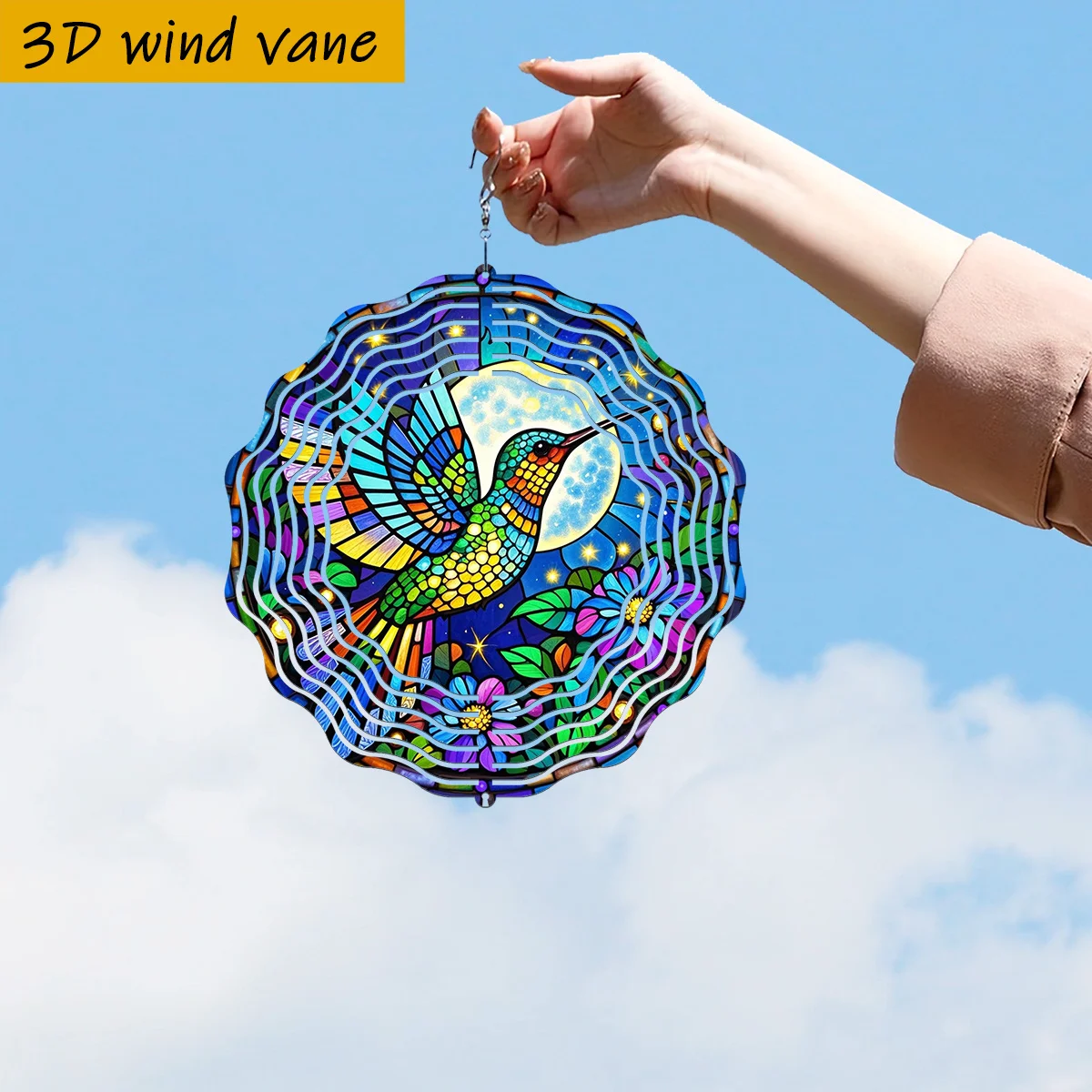 1pc Color- Hummingbirds in Flight 3D Rotating Wind Spinner - Heavy-Duty Iron Hook, Spinning Motion Suitable for Christmas