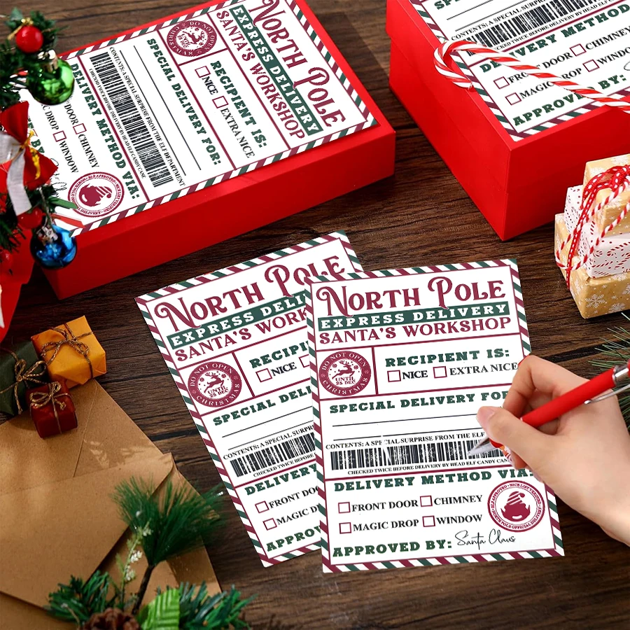 10 Pcs North Pole Delivery Gift Labels – Christmas Holiday Package Stickers with Fill-In To/From & Delivery Method Fields