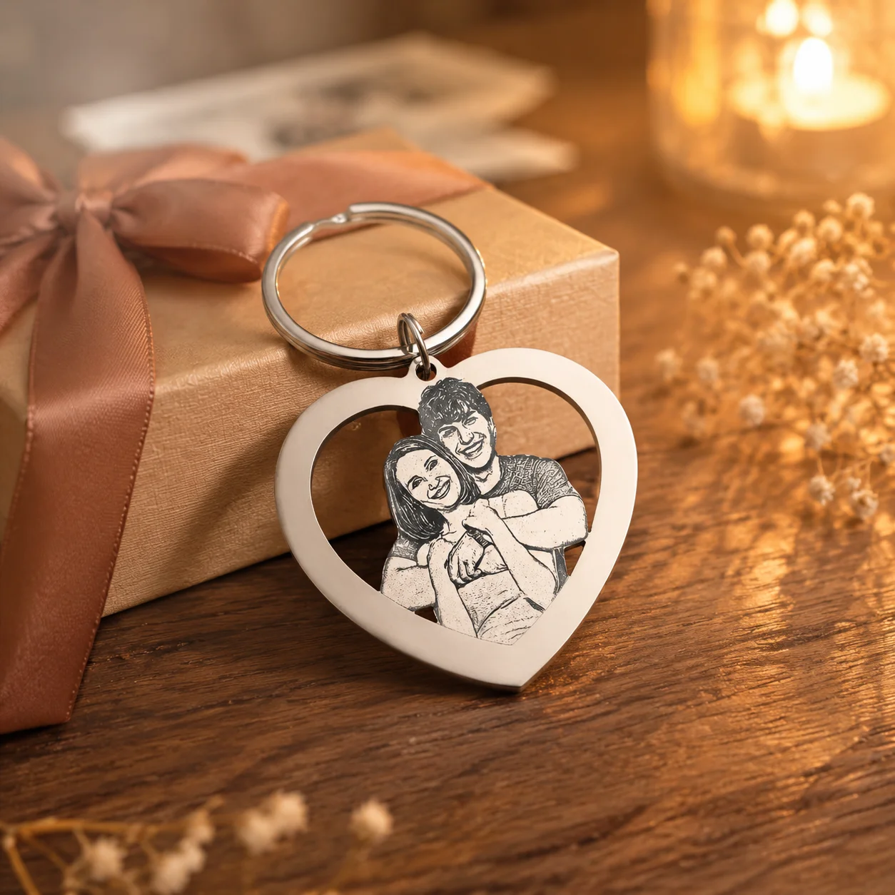 【Customized Product】Personalized Stainless Steel Heart-Shaped Keychain - Personalized Photos of Family and Couples with Customizable Text and Date - Valentine's Day/Christmas Gift - a Commemorative Gift for Family, Couples, and Pets