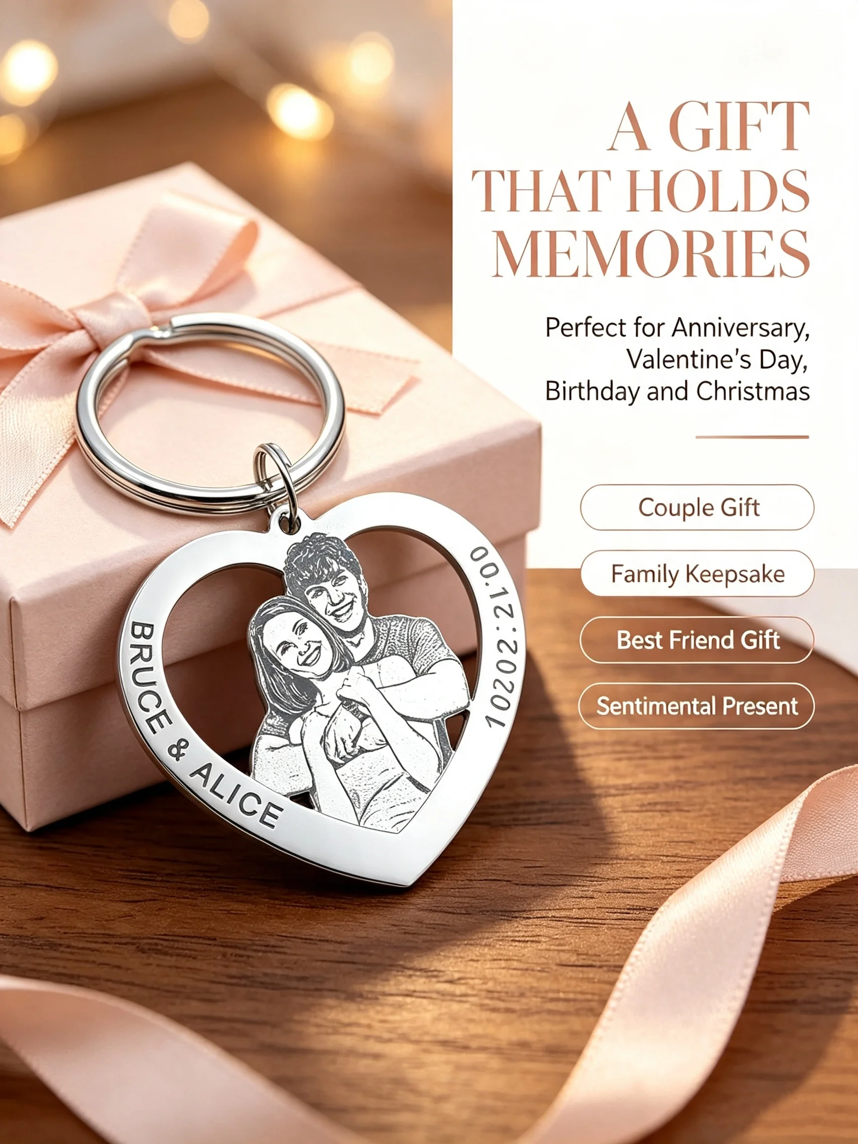 【Customized Product】Personalized Stainless Steel Heart-Shaped Keychain - Personalized Photos of Family and Couples with Customizable Text and Date - Valentine's Day/Christmas Gift - a Commemorative Gift for Family, Couples, and Pets