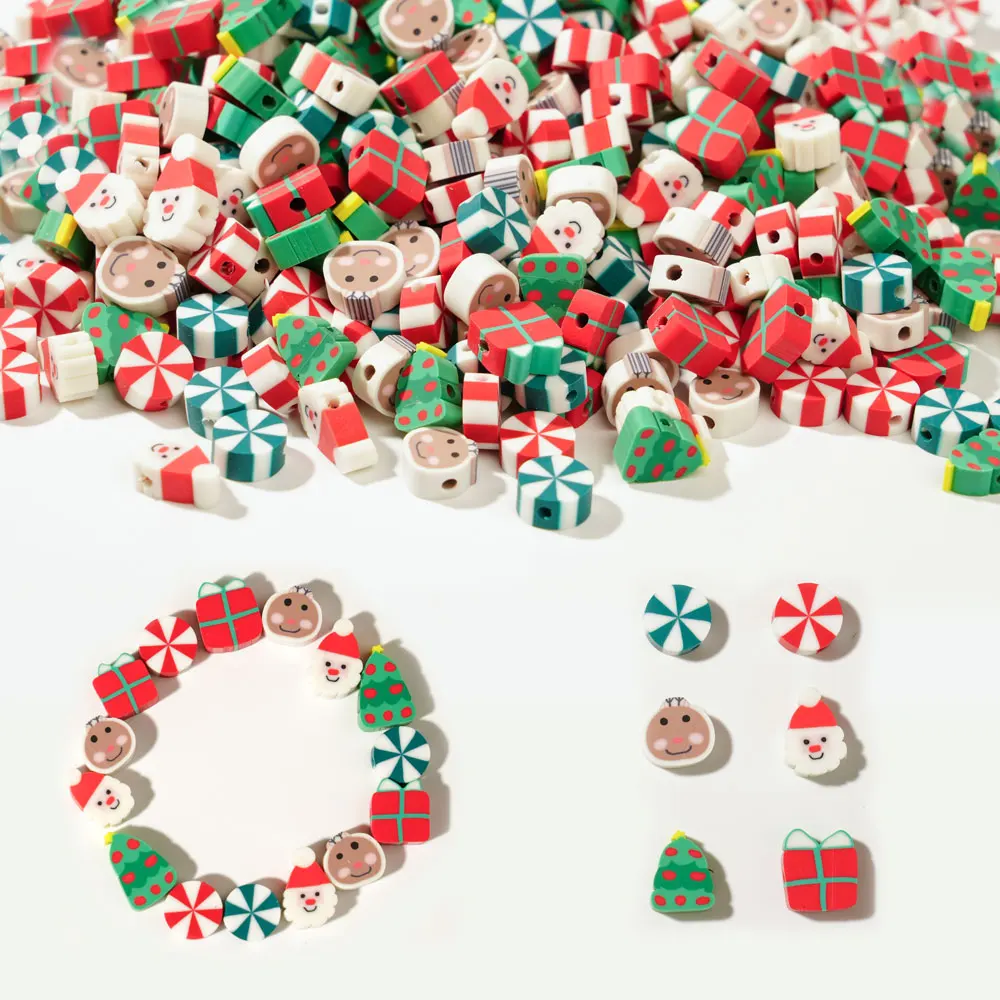 100/200pcs Christmas Polymer Clay Beads Christmas Tree Santa Claus Spacer Loose Beads for Earrings Necklace Bracelet Jewelry Mak