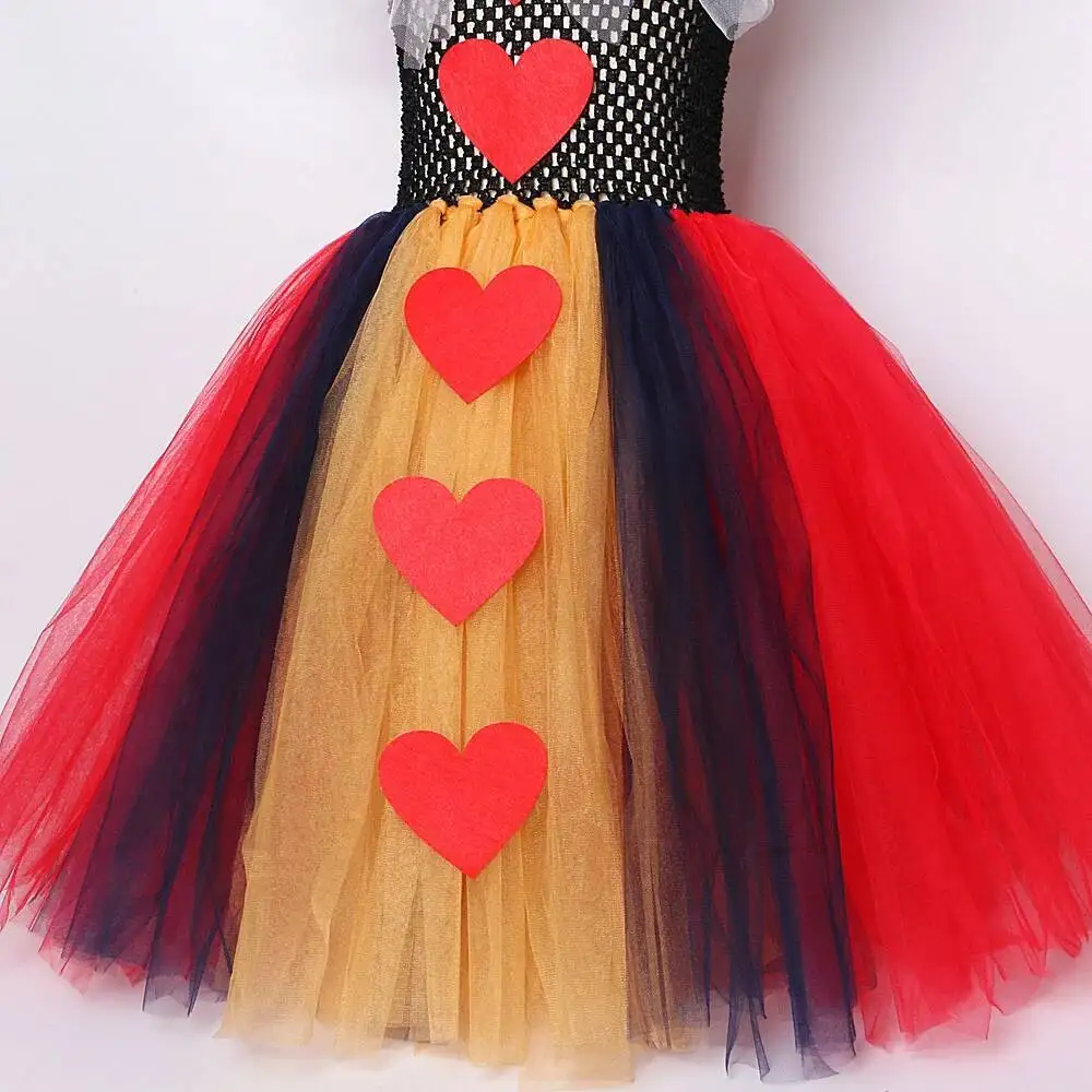Red Hearts of Queen Long Costumes for Girls Carnival Halloween Tutu Dress with Crown Stick Kids Christmas Birthday Party Outfit