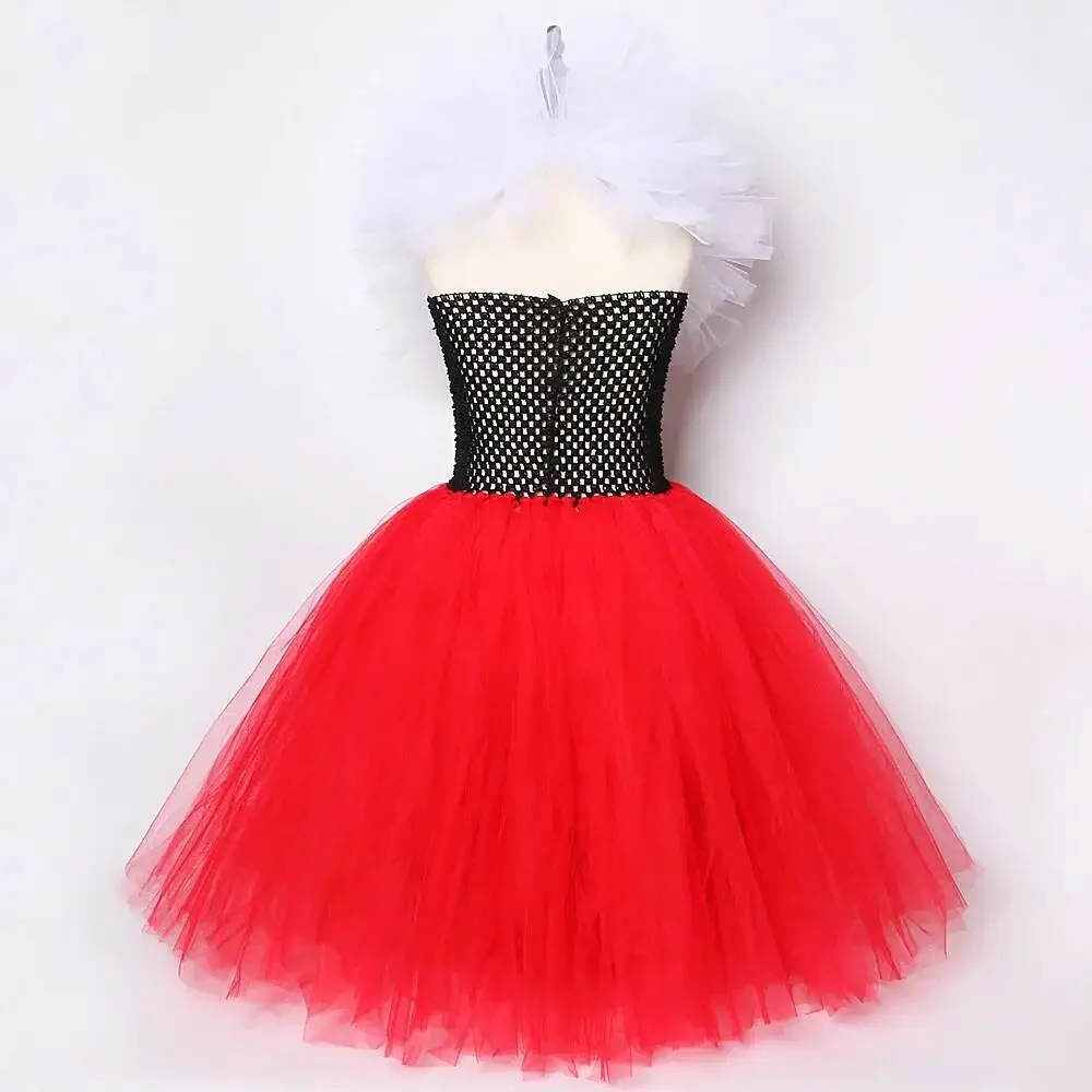 Red Hearts of Queen Long Costumes for Girls Carnival Halloween Tutu Dress with Crown Stick Kids Christmas Birthday Party Outfit