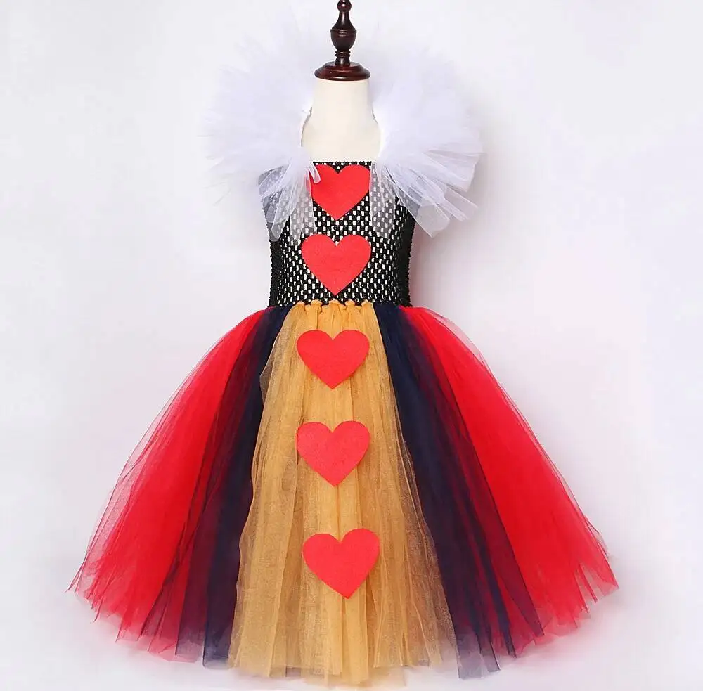 Red Hearts of Queen Long Costumes for Girls Carnival Halloween Tutu Dress with Crown Stick Kids Christmas Birthday Party Outfit