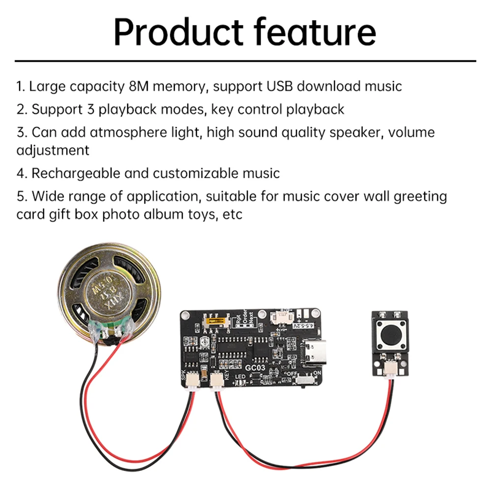 GC03 Recording Card Voice Recording Board Movement Creative Gift Box Christmas Birthday Card MP3Voice Module TYPE-C with Speaker