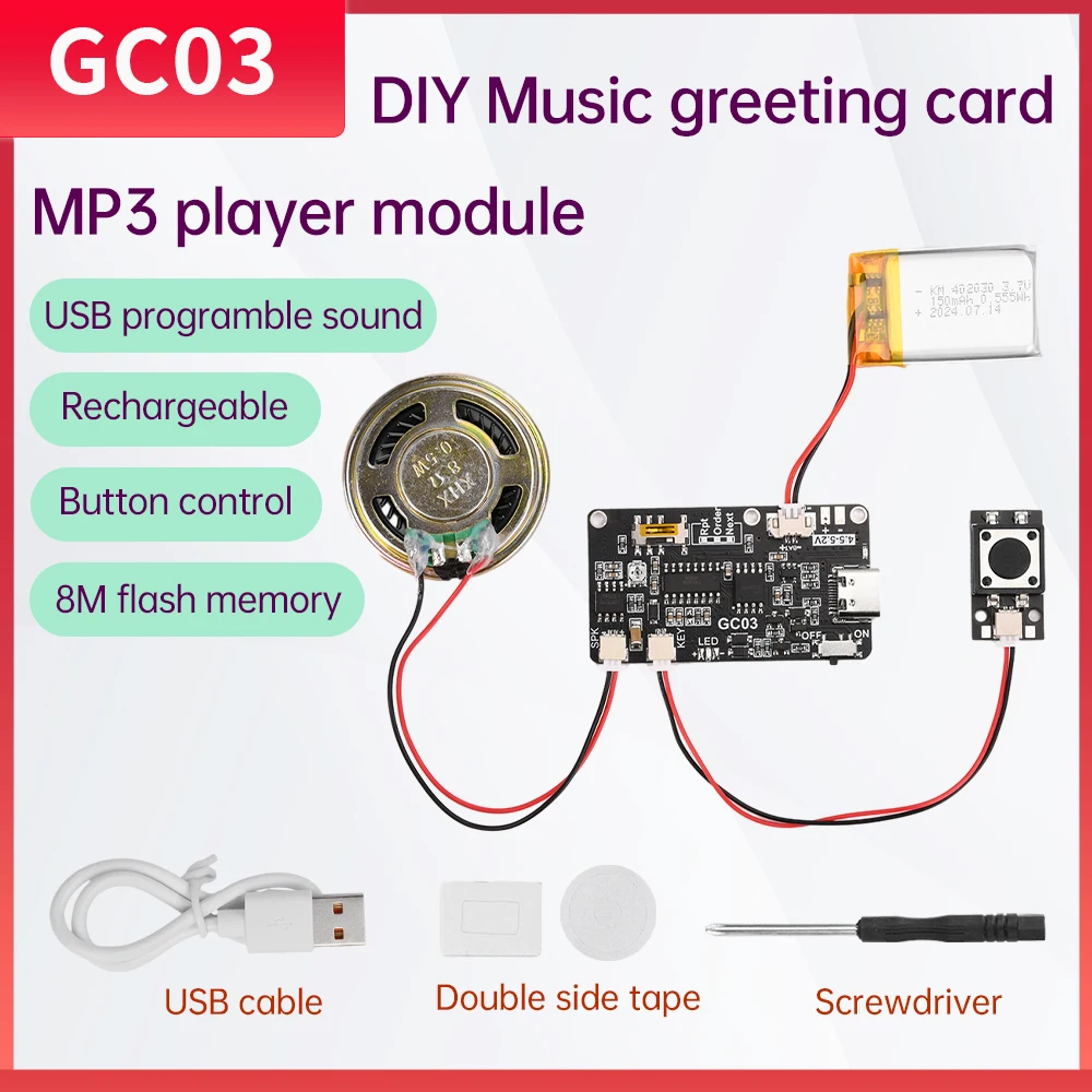 GC03 Recording Card Voice Recording Board Movement Creative Gift Box Christmas Birthday Card MP3Voice Module TYPE-C with Speaker