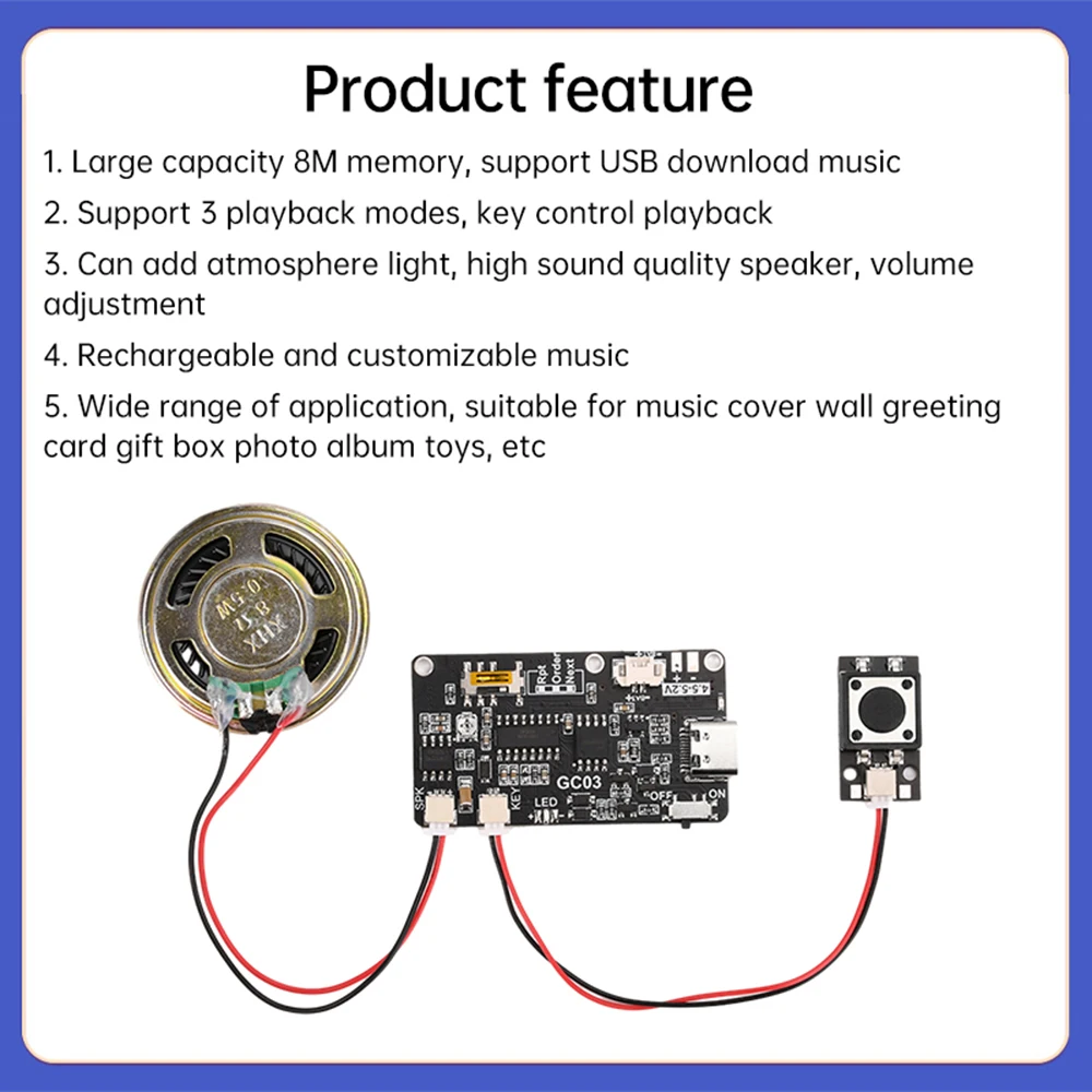 GC03 Recording Card Voice Recording Board Movement Creative Gift Box Christmas Birthday Card MP3Voice Module TYPE-C with Speaker