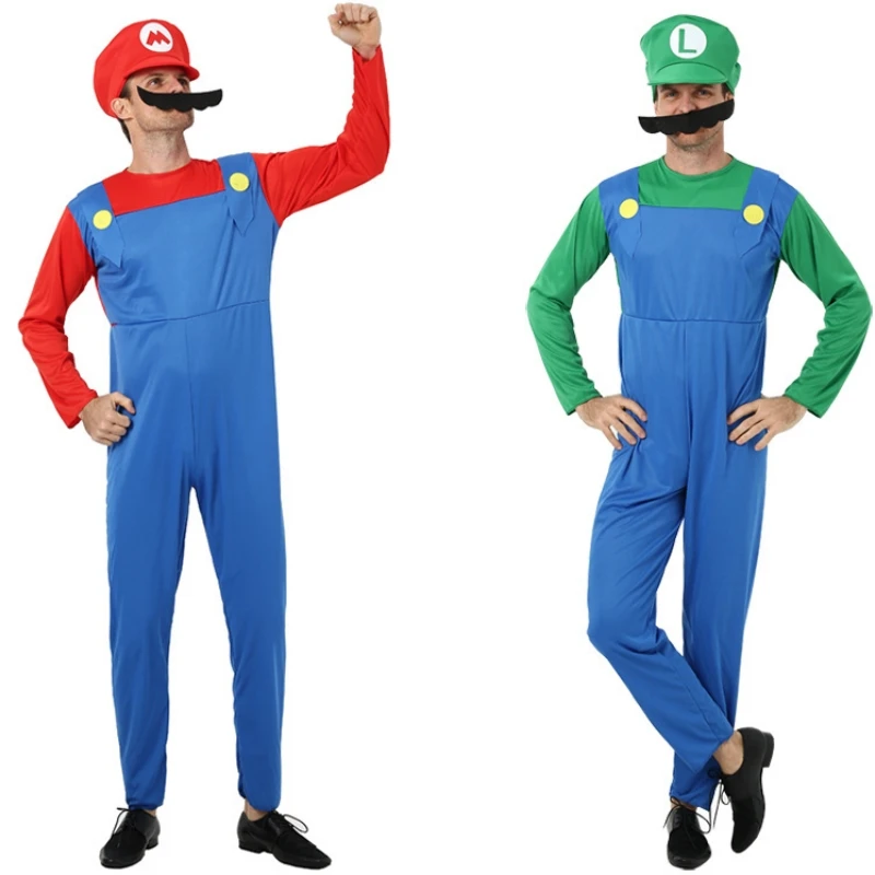 Halloween Cosplay Costume for Adults Super Luigi Bros Overall Set with Hat Game Character Jump Suit for Christmas Party Stage Pe