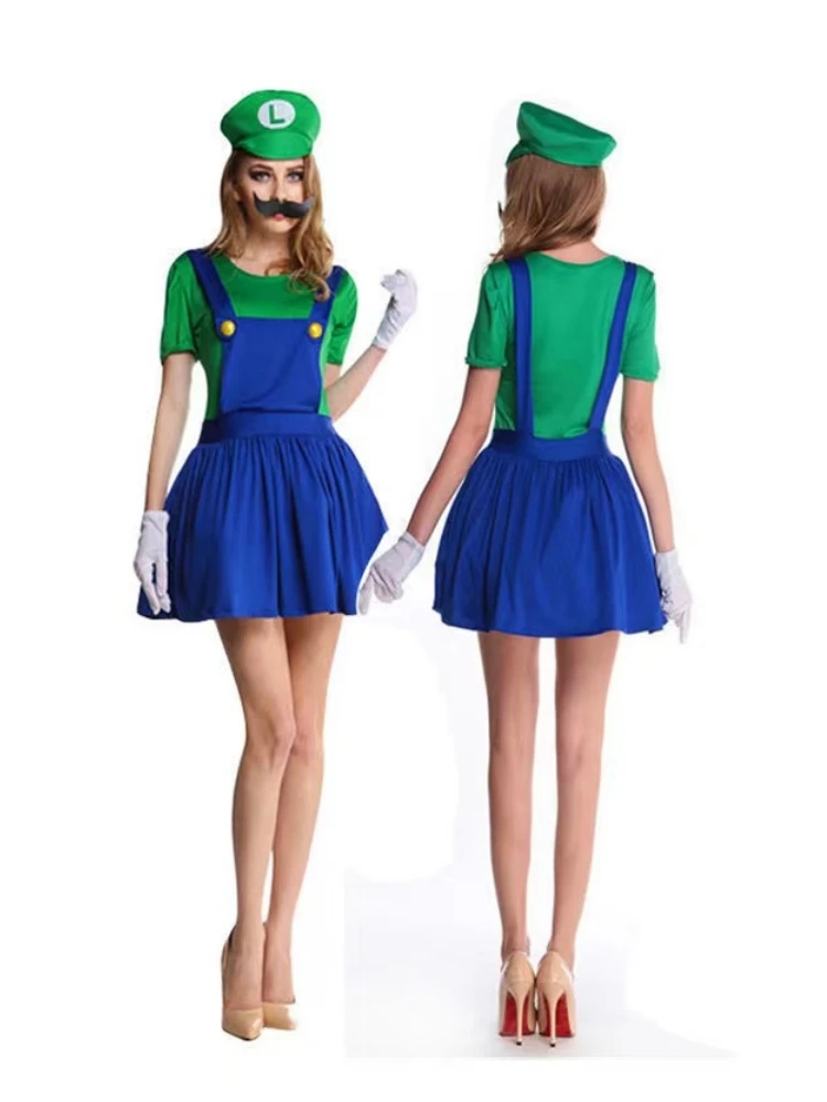 Halloween Cosplay Costume for Adults Super Luigi Bros Overall Set with Hat Game Character Jump Suit for Christmas Party Stage Pe