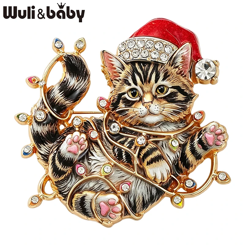 Wuli&baby Lovely Christmas Cat Brooches For Women Unisex 2-color Rhinestone Colorful Lights Kitten New Year Party Brooch Pins