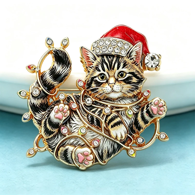 Wuli&baby Lovely Christmas Cat Brooches For Women Unisex 2-color Rhinestone Colorful Lights Kitten New Year Party Brooch Pins