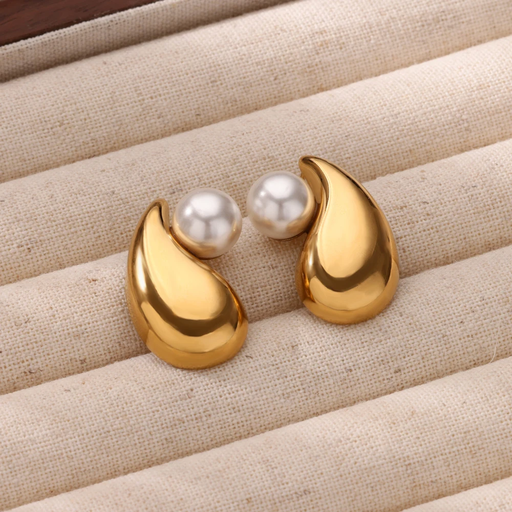 Elegant Stainless Steel Pearl Earrings For Women Gold Color Vintage Piercing Ear Hoop Jewelry Wedding Aesthetic Christmas Gift