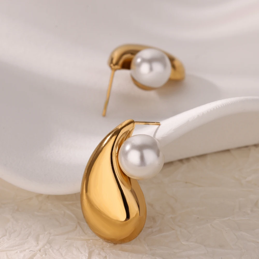 Elegant Stainless Steel Pearl Earrings For Women Gold Color Vintage Piercing Ear Hoop Jewelry Wedding Aesthetic Christmas Gift