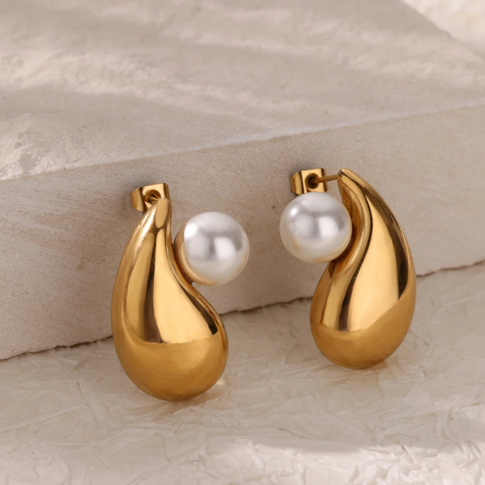 Elegant Stainless Steel Pearl Earrings For Women Gold Color Vintage Piercing Ear Hoop Jewelry Wedding Aesthetic Christmas Gift