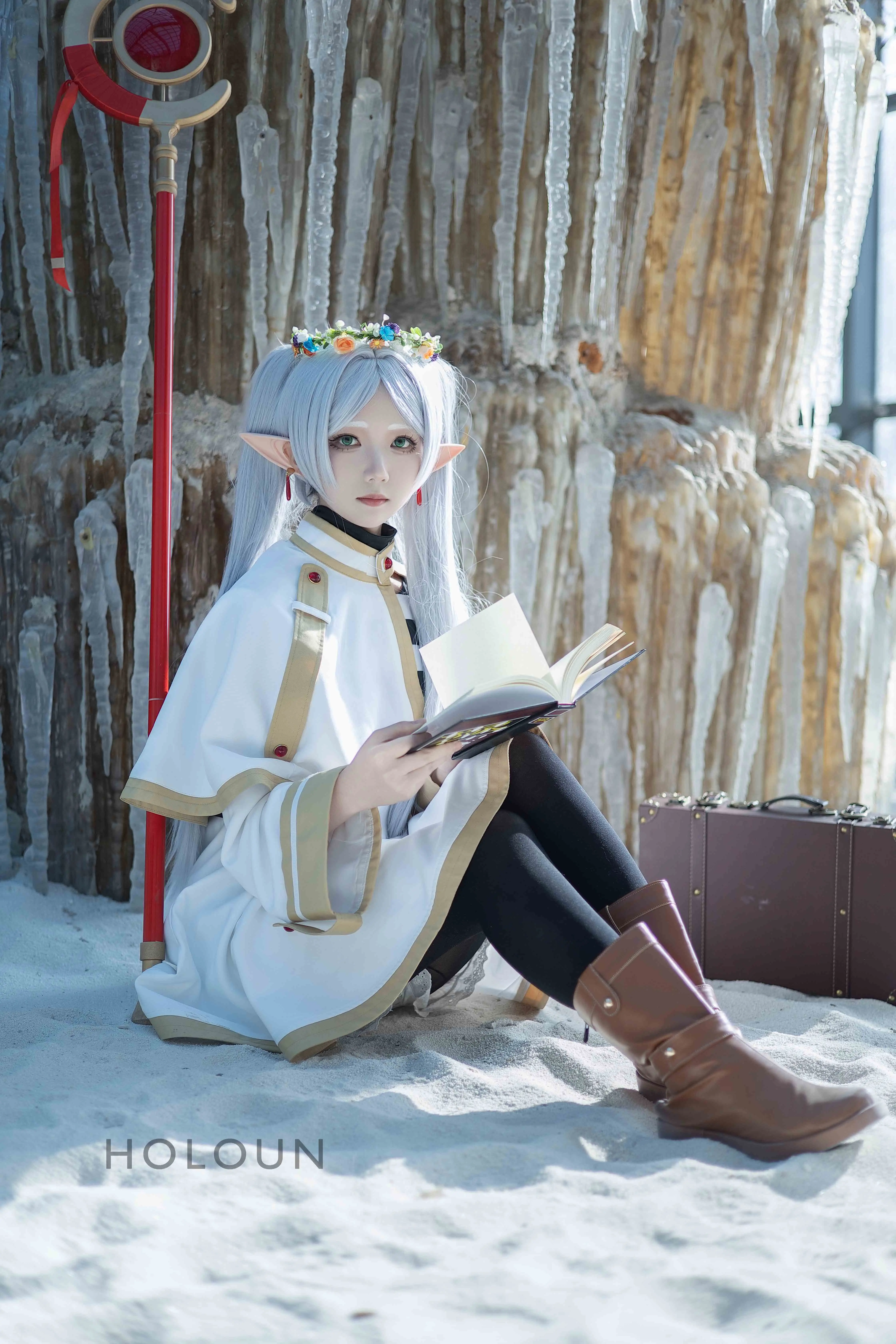HOLOUN Frieren Beyond Journey's End Anime Frieren Cosplay Costume Shawl Cloak Dress Wig Grey Ponytail Rose Net Christmas