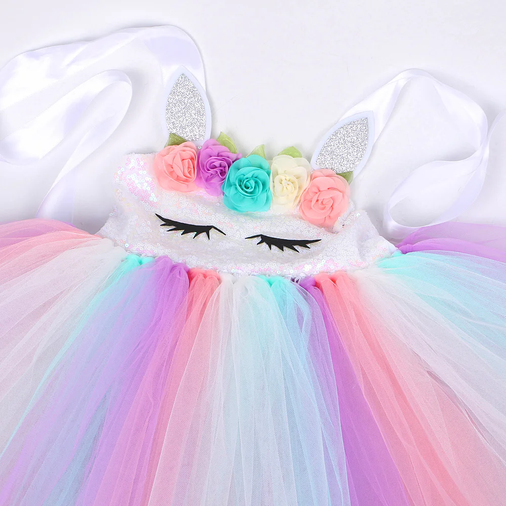 Pastel Flowers Unicorn Costumes for Girls Sequins Birthday Princess Dresses Kids Halloween Christmas Outfit with Wings Horns Bow