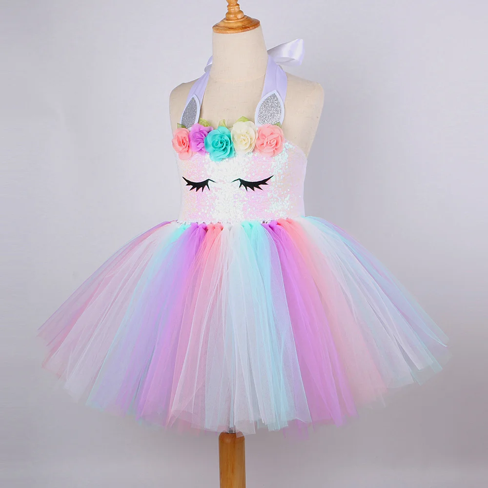 Pastel Flowers Unicorn Costumes for Girls Sequins Birthday Princess Dresses Kids Halloween Christmas Outfit with Wings Horns Bow