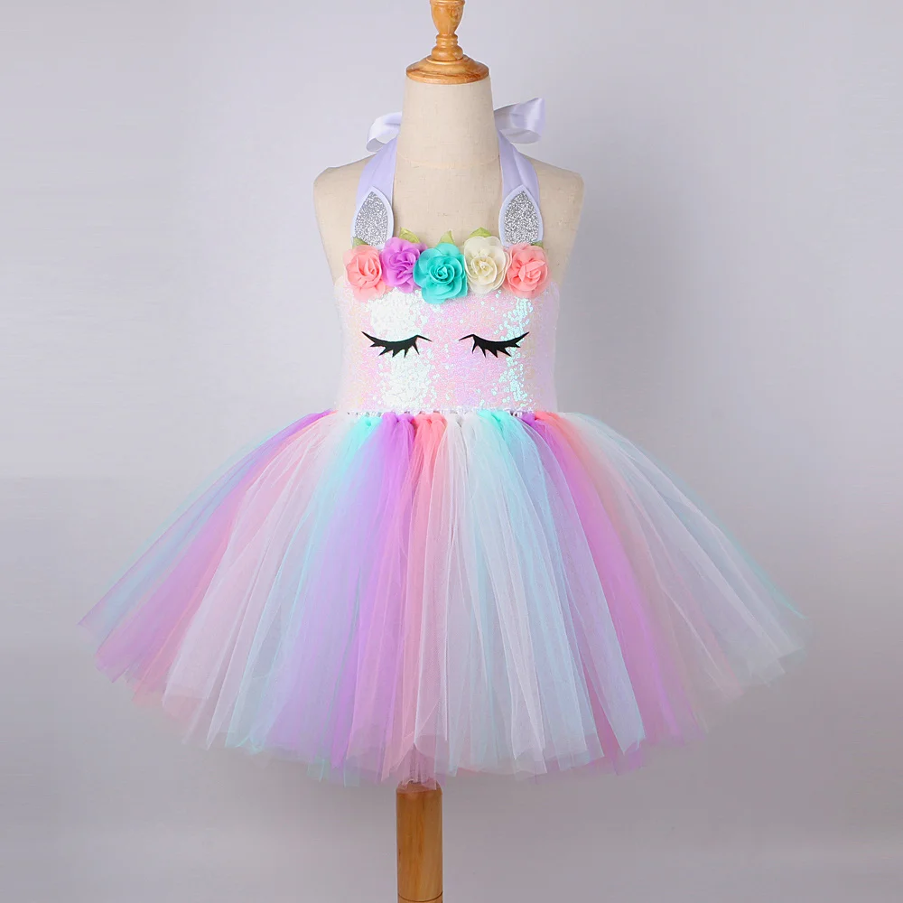 Pastel Flowers Unicorn Costumes for Girls Sequins Birthday Princess Dresses Kids Halloween Christmas Outfit with Wings Horns Bow