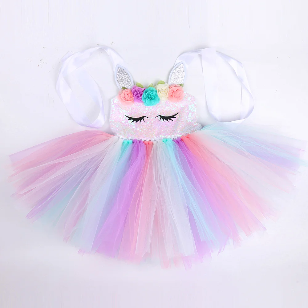 Pastel Flowers Unicorn Costumes for Girls Sequins Birthday Princess Dresses Kids Halloween Christmas Outfit with Wings Horns Bow
