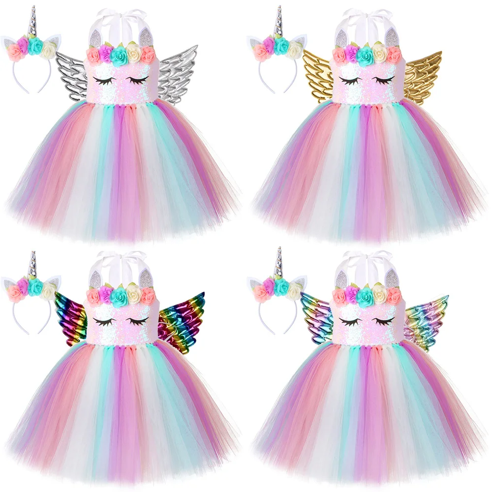 Pastel Flowers Unicorn Costumes for Girls Sequins Birthday Princess Dresses Kids Halloween Christmas Outfit with Wings Horns Bow