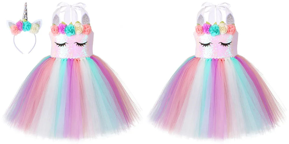 Pastel Flowers Unicorn Costumes for Girls Sequins Birthday Princess Dresses Kids Halloween Christmas Outfit with Wings Horns Bow