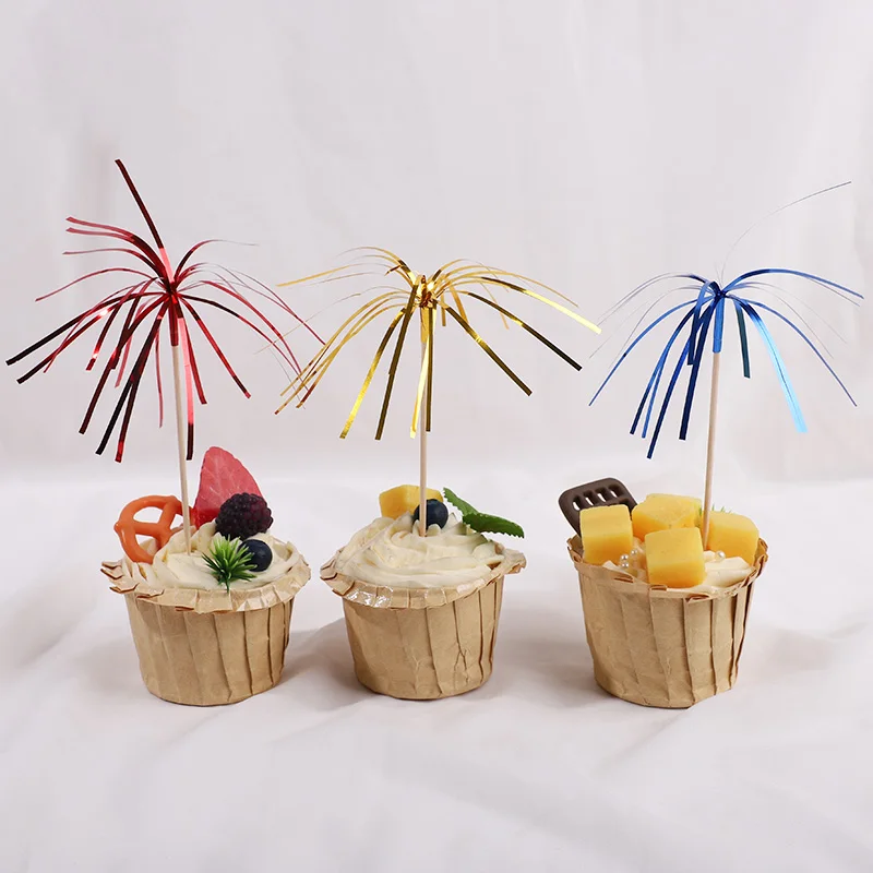 50Pcs Tassel Fireworks Cake Topper Cocktail Picks Dessert Food Fruit Toothpick for Wedding Birthday Party Decoration Christmas