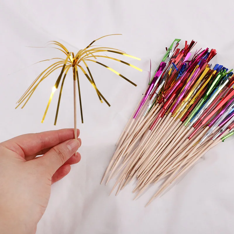50Pcs Tassel Fireworks Cake Topper Cocktail Picks Dessert Food Fruit Toothpick for Wedding Birthday Party Decoration Christmas