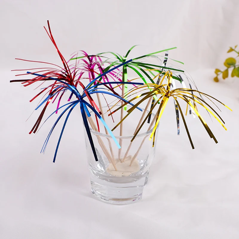 50Pcs Tassel Fireworks Cake Topper Cocktail Picks Dessert Food Fruit Toothpick for Wedding Birthday Party Decoration Christmas