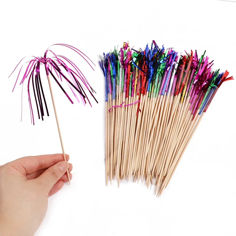50Pcs Tassel Fireworks Cake Topper Cocktail Picks Dessert Food Fruit Toothpick for Wedding Birthday Party Decoration Christmas