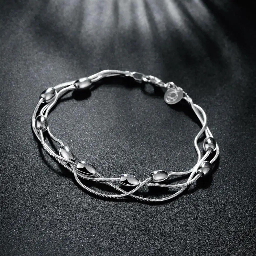 Charm 925 Sterling Silver Bracelets necklace Jewelry set for women Fringed oval beads Chain 18 inch Fashion Party Christmas Gift