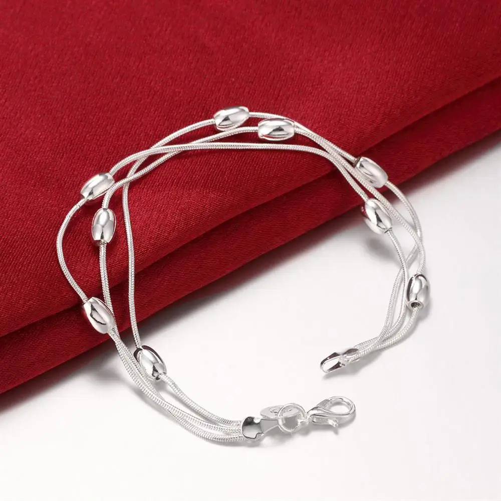 Charm 925 Sterling Silver Bracelets necklace Jewelry set for women Fringed oval beads Chain 18 inch Fashion Party Christmas Gift