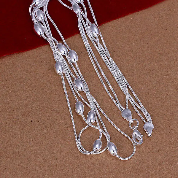 Charm 925 Sterling Silver Bracelets necklace Jewelry set for women Fringed oval beads Chain 18 inch Fashion Party Christmas Gift