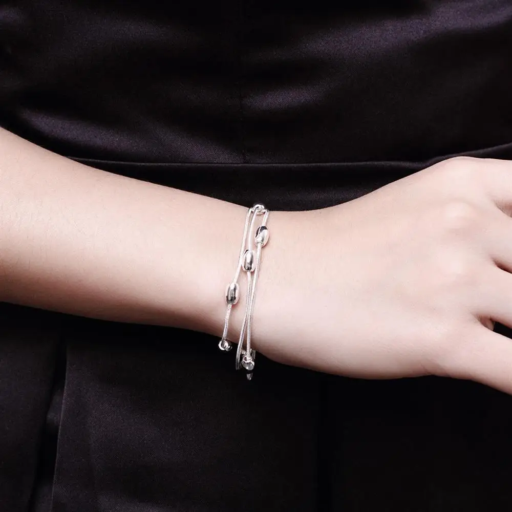 Charm 925 Sterling Silver Bracelets necklace Jewelry set for women Fringed oval beads Chain 18 inch Fashion Party Christmas Gift
